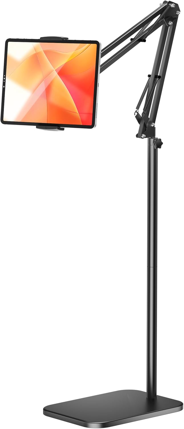 Soporte de Piso para Tablet con Base Metalica de 4.5 lb | Altura y Angulo Ajustables para Cama | Soporte Universal para iPad, iPhone, Samsung Tab y Kindle