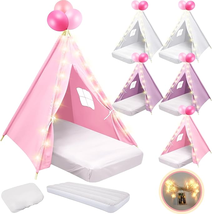 Tienda Teepee para Niños – Con Colchón, Sábana, Luces y 5 Globos (Rosa, Morado, Blanco)