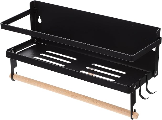 Estante magnético de pared Uonlytech para cocina y lateral del frigorífico, estante de almacenamiento de acero inoxidable negro con diseño de una sola capa y barras de madera, fácil de instalar con tornillos.