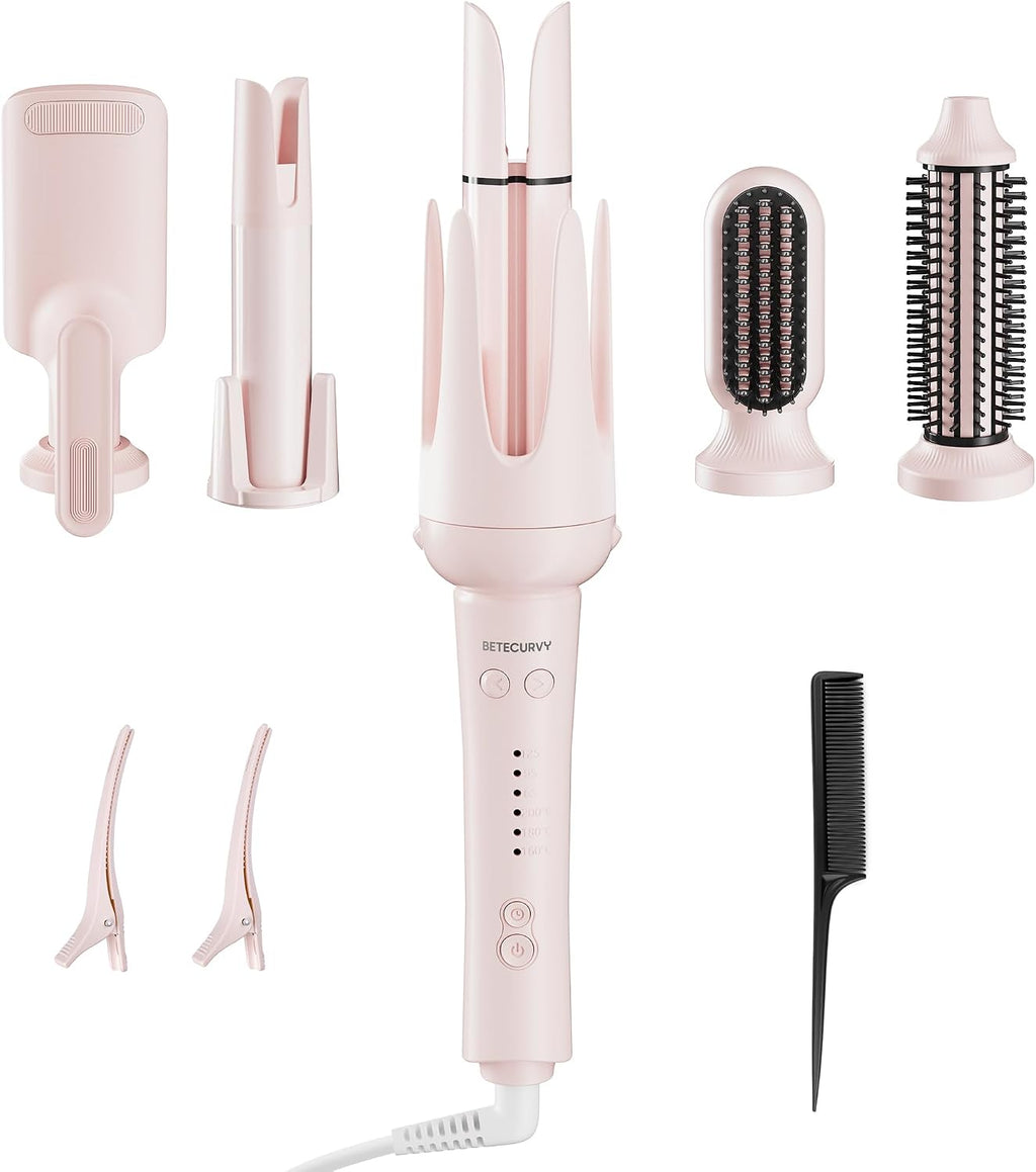 Set de rizador automático BETECURVY 5 en 1 con barriles cerámicos intercambiables, cepillo alisador y voluminizador, 3 temperaturas y temporizador, calentamiento rápido, doble voltaje – Set para cabello de 1/1.25 pulgadas + ondas