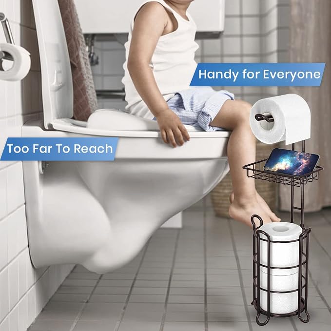 Soporte para papel higiénico, dispensador de rollo de papel higiénico con estante para almacenamiento de baño, sostiene megarrollos de reserva - bronce