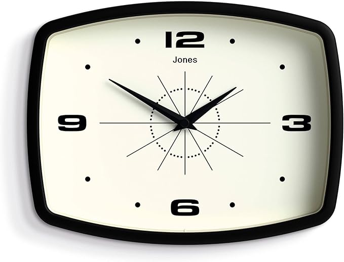 Jones Clocks® Movie - Reloj de Pared Retro Rectangular | Diseño Mediados de Siglo | Negro