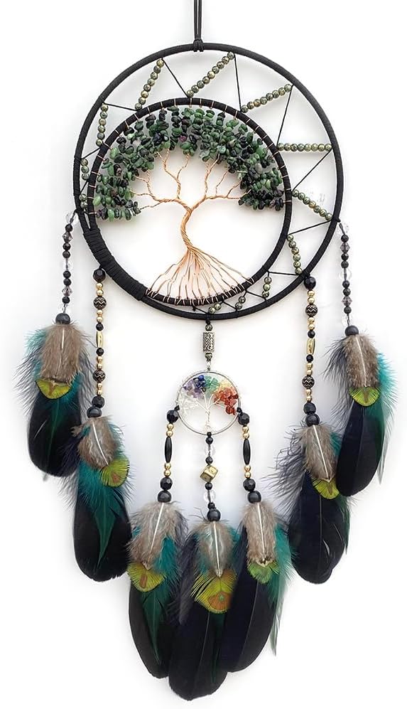Atrapasuenos 7 Chakras Arbol de la Vida | Plumas Verdes | Con Cristal Curativo Arcoiris | Arte de Pared Colgante | Decoracion de Dormitorio y Hogar | Regalo de Boda y Fiesta