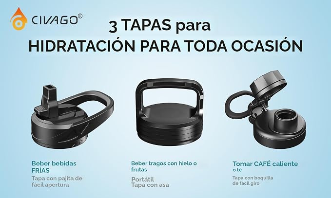 Termo Jarra CIVAGO 1 Galón 128oz Acero Inoxidable Negro — Con Pitillo y 3 Tapas, Para Deporte, Viajes y Camping