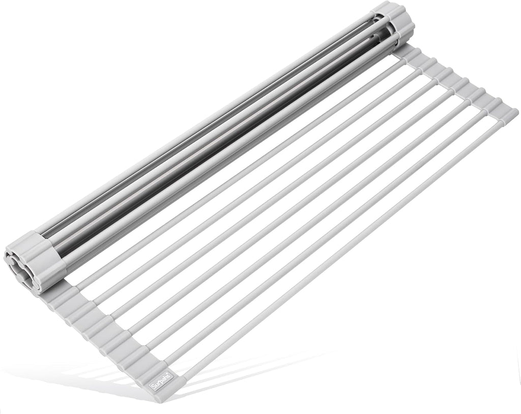 Escurridor de platos enrollable multiusos Surpahs para colocar sobre el fregadero (gris cálido