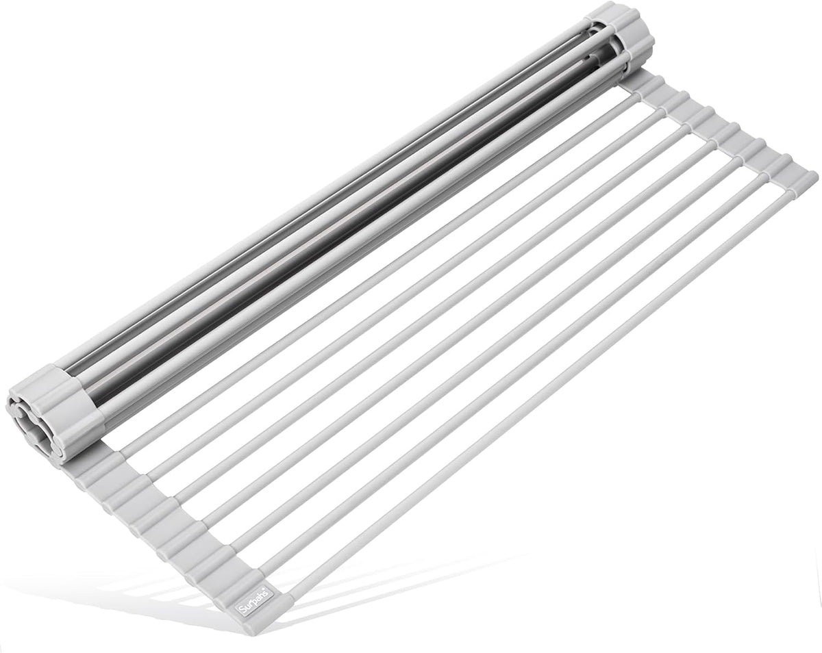 Escurridor de platos enrollable multiusos Surpahs para colocar sobre el fregadero (gris cálido