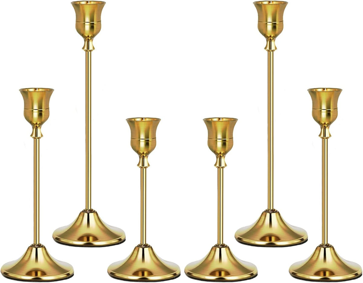 Candelabros Dorados Uzvoxhe Set de 6 | Con Base Pesada, Metal, para Velas Conicas | Decoracion Vintage Navidena para Mesa y Repisa | Dorado