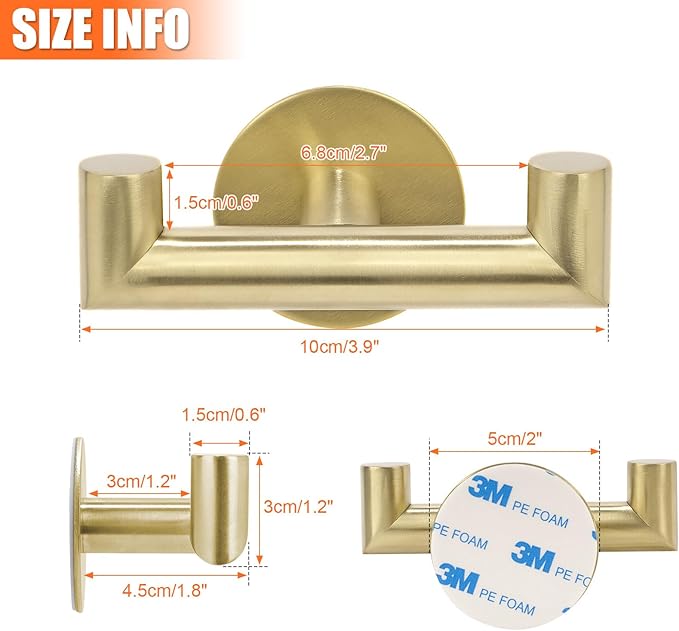 YUET Ganchos Doble Adhesivos para Pared, 2 Piezas Soporte de Pared para Toallas de Baño, Acero Inoxidable, Colgador sin Taladrar Cocina, Dorado