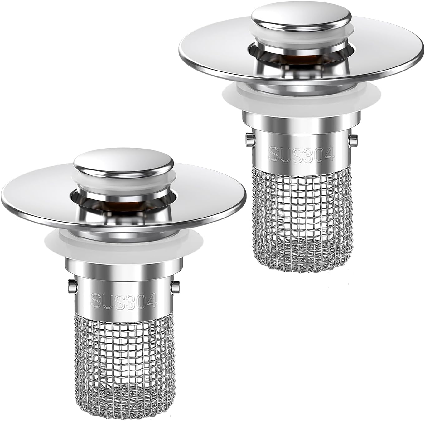 Repuesto de tapón desplegable para lavabo de baño, colador de drenaje con canasta captadora de pelo extraíble de acero inoxidable (2 piezas)