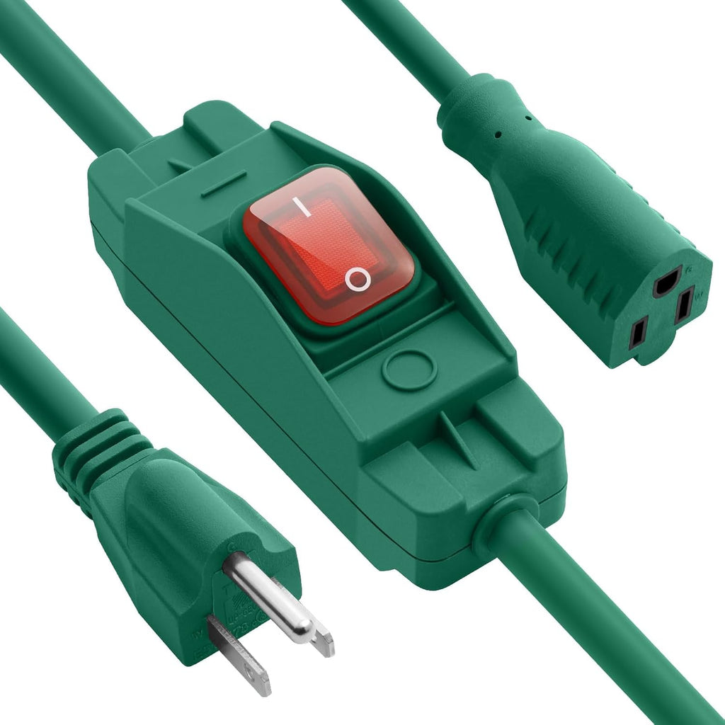 Extensión Eléctrica SJTW para Exterior con Interruptor Impermeable | 1.5 pies, Cable de Grado Exterior 125v/250v | Verde