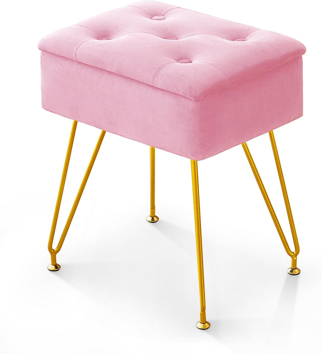 ALeesing Banqueta de Tocador con Almacenamiento | Otomana de Terciopelo con Tapa Abatible y Patas Metalicas (Rosa)