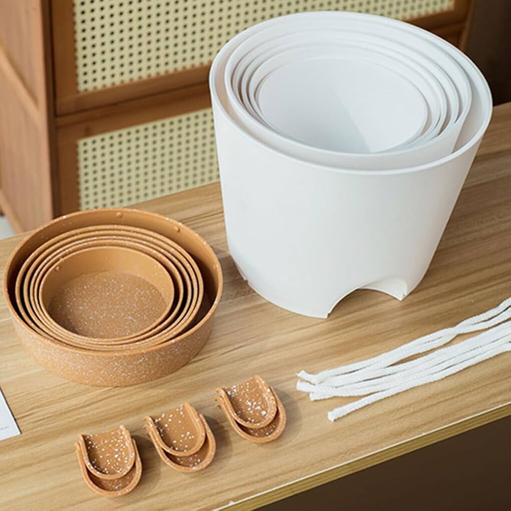 juego de macetas plásticas con sistema de autorriego por capilaridad x5