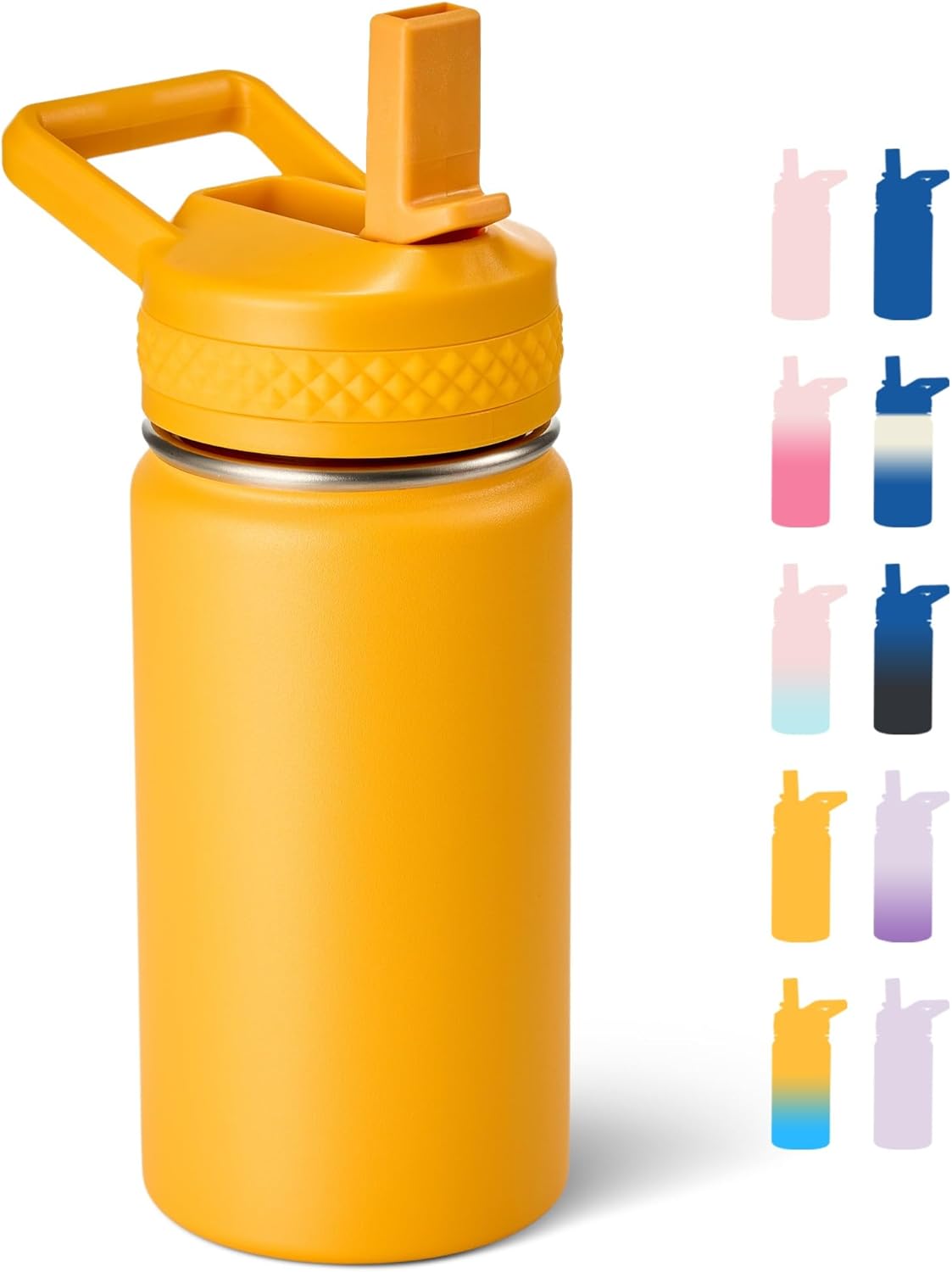 Fijinhom Botella de Agua para Niños 12 oz con Pajilla | Termo de Acero Inoxidable 304 al Vacío | Para Escuela | Libre de BPA, Antifugas | Naranja