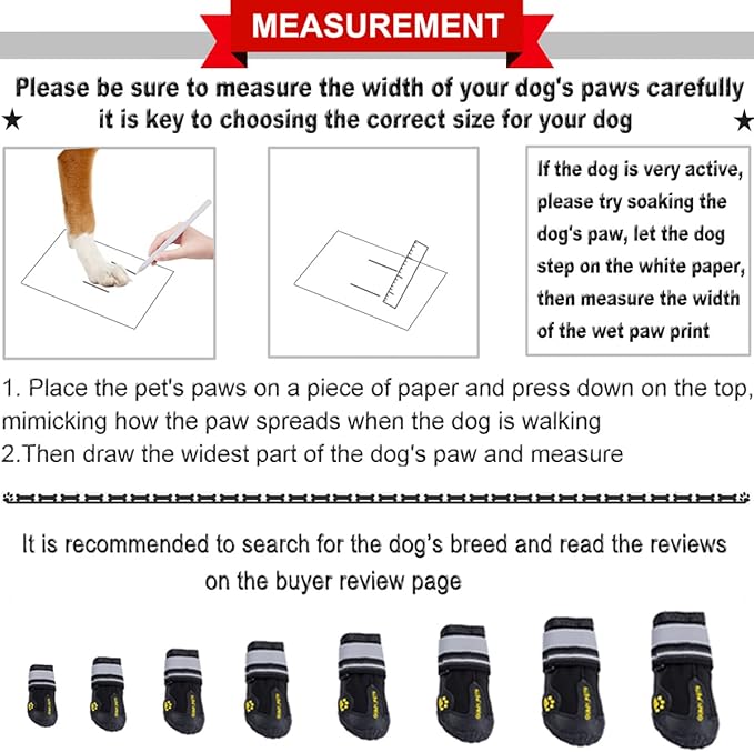 Qumy - Botas impermeables para perros grandes, con tiras reflectantes, suela antideslizante y rugosa, color negro, 4 unidades, talla 6: 2.6 x 3.0 pulgadas (ancho x largo) para 52-65 libras, negro