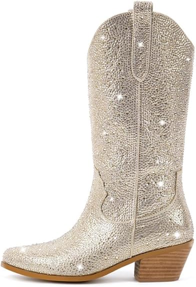 Richealnana Botas de estilo vaquera con diamantes de imitación brillantes, botas altas de pantorrilla para mujer, con tacón brillante de 2 pulgadas