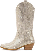 Richealnana Botas de estilo vaquera con diamantes de imitación brillantes, botas altas de pantorrilla para mujer, con tacón brillante de 2 pulgadas
