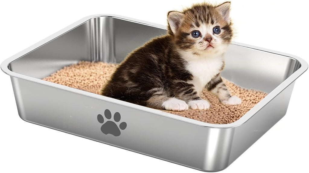 Arenero de acero inoxidable para gatos, bandeja de arena metálica para gatitos, arenero de 10 cm de altura para animales pequeños (gatos, conejos), bandeja de arena para interiores, fácil de limpiar, antiadherente, sin olor.