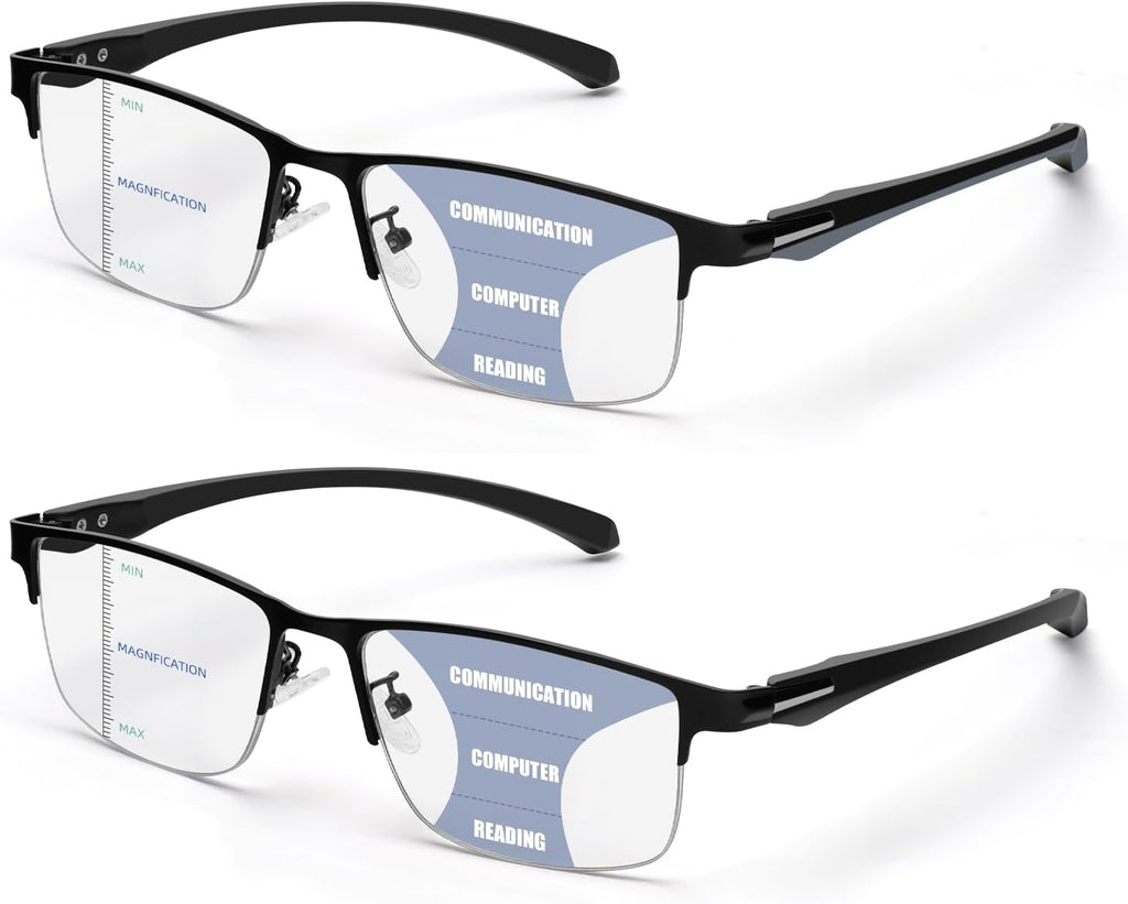ZERPEET 2 Piezas Gafas de Lectura Multifocales Progresivas para Hombre | Media Montura Metalica con Patillas TR90 | Bloqueo de Luz Azul Antifatiga | Lentes de Computadora Multifoco | 2.5x