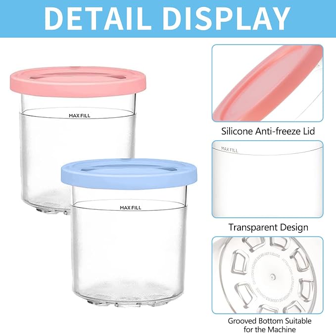 ⚠️ SIN CUCHARAS | Recipientes para Helado Ninja Creami – Juego de 4 Vasos 16oz con Tapa, Sin BPA (NC301/NC300/NC299AMZ)
