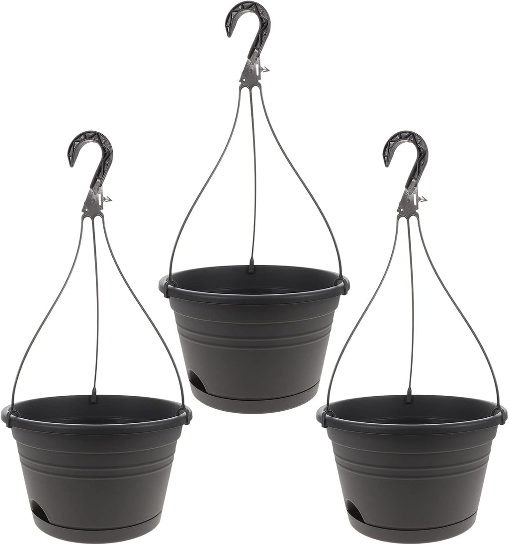 GANAZONO Decoración para el hogar y exteriores, 3 macetas colgantes de plástico, cesta de cadena, soporte para macetas, macetas colgantes de pared, contenedores de plantas para decoración de pared gris y exterior.
