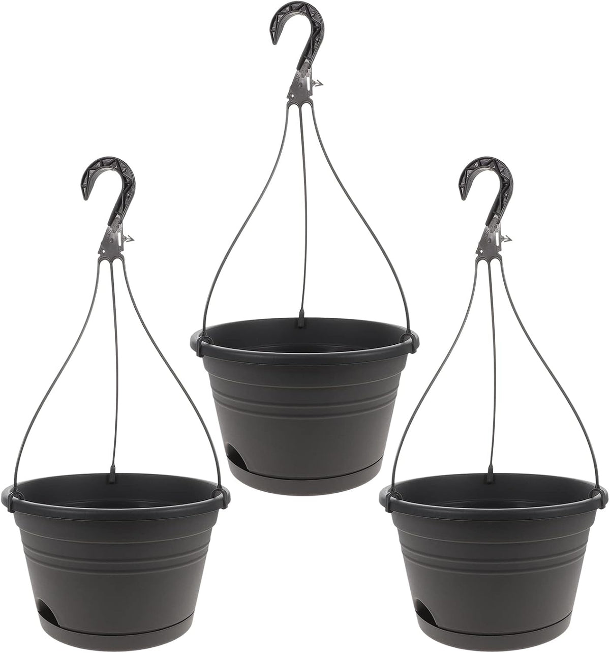 GANAZONO Decoración para el hogar y exteriores, 3 macetas colgantes de plástico, cesta de cadena, soporte para macetas, macetas colgantes de pared, contenedores de plantas para decoración de pared gris y exterior.