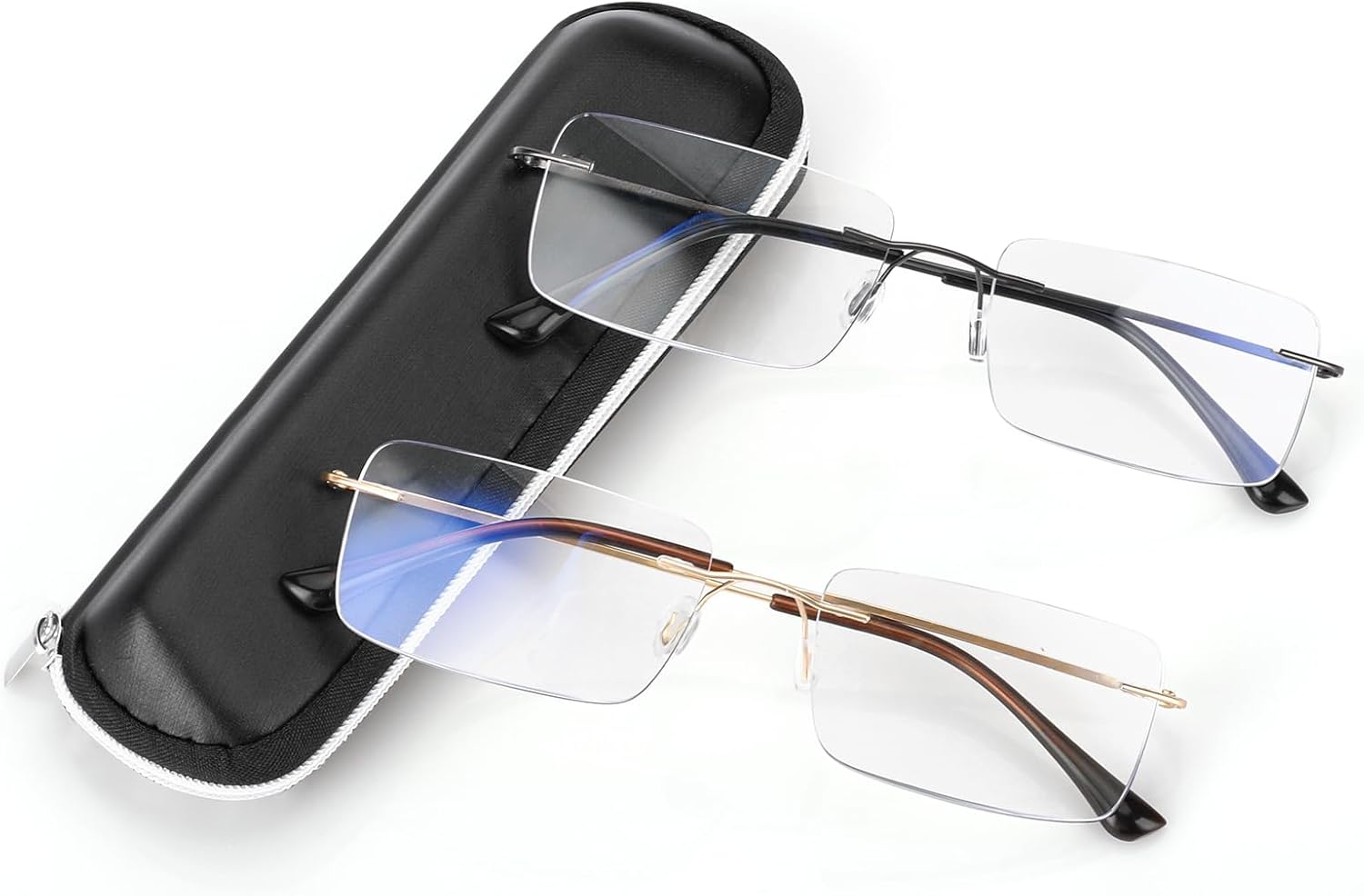 SKYOAK 2 Pack Executive Frameless Progressive Multifocus Reading Glasses for Men, Metal Rimless Blue Light Blocking Computer Readers Anti Eye Strain/UV No-Line Rectangular Multifocal Eyeglasses, 1.75x