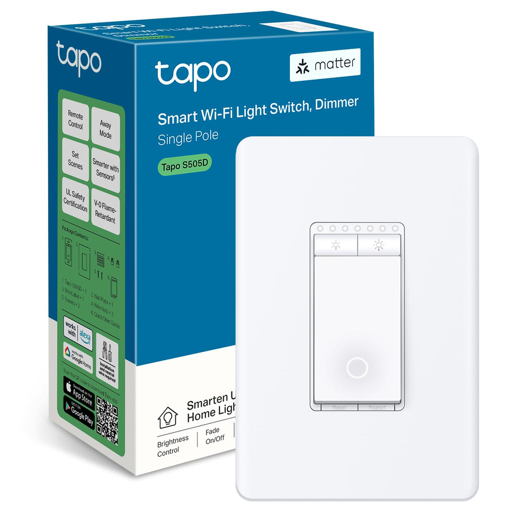 Interruptor regulador inteligente TP-Link Tapo Matter: Control por voz con Siri, Alexa y Google Assistant, certificación UL, temporizador y programación, instalación guiada sencilla, requiere cable neutro, unipolar, Tapo S505D