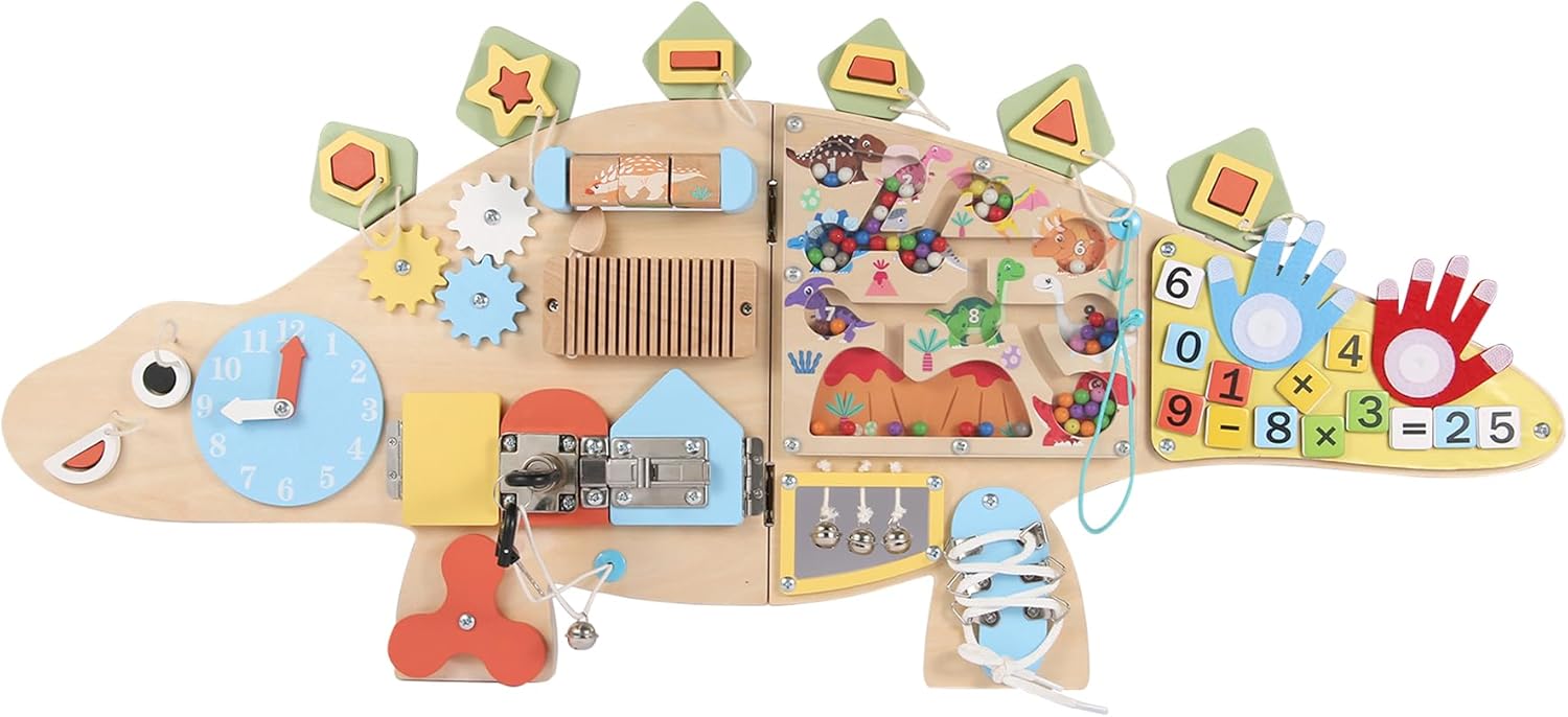 Dqoetort Activity Wall Busy Board-Dinosaur Wall Mounted Foldable Kids 3–7 Toy-Sturdy BPA-Free Wood-Interactive Montessori Educational Toys Autism Sensory Panel for Playrooms/Preschool,31.5 * 14.2 in