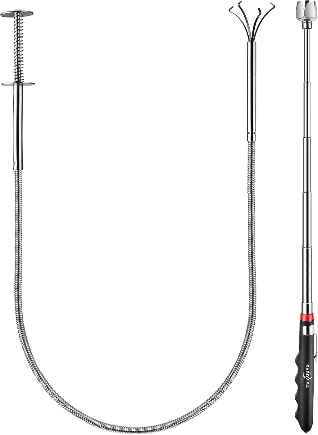2 Sets de Herramienta de Recoleccion | Iman Telescopico de 25 lb con Clip + Pinza Flexible de 24 Pulgadas | Combo con Recubrimiento de Zinc Antioxidante