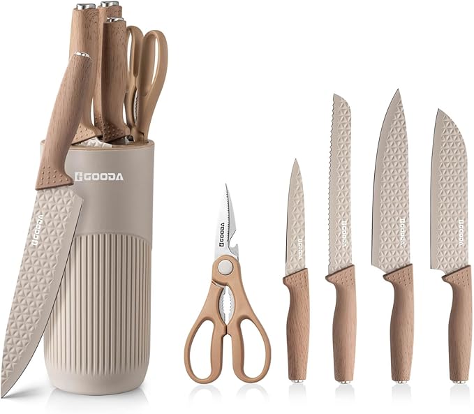 GOODA - Juego de cuchillos de cocina con bloque, juego de 6 piezas de cuchillos de chef profesionales para la cocina, juego de bloque de cuchillos de acero inoxidable antiadherente