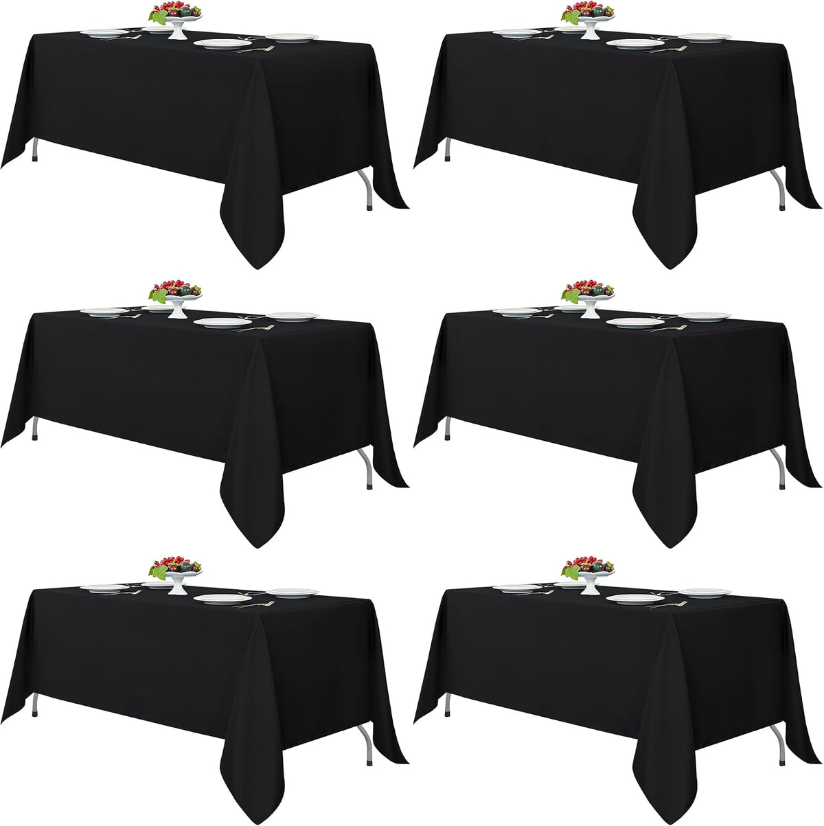 Manteles Negros Ajustables para Mesas Rectangulares Pack x6 – 70"x120" Poliéster Lavable, Para Mesas de 6 a 8 Pies, Bodas, Fiestas y Banquetes