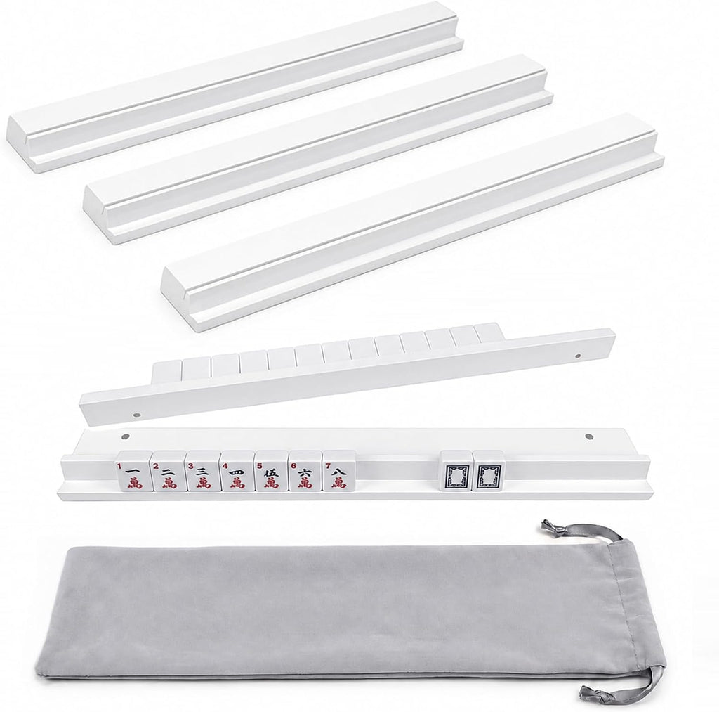 FALTA LA BOLSA -ezylgo Soportes de madera para Mahjong con empujadores (juego de 4) - Soportes de madera de pino blanco para fichas de Mahjong americano - Brazos empujadores magnéticos de 44 cm