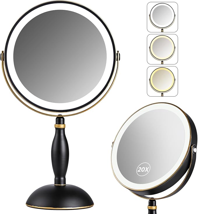 Espejo de maquillaje iluminado, aumento de 20x, negro mate