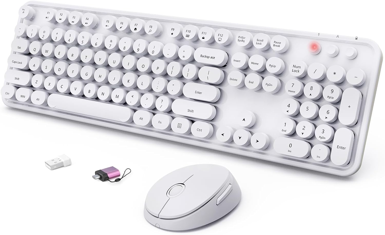 Wireless Keyboard and Mouse Combo, Ergonomic Full Size Typewriter Retro Round Keycaps Keyboard, Compatible with Windows, PC, Perfer for Home and Office Keyboardsï¼ˆWhiteï¼‰