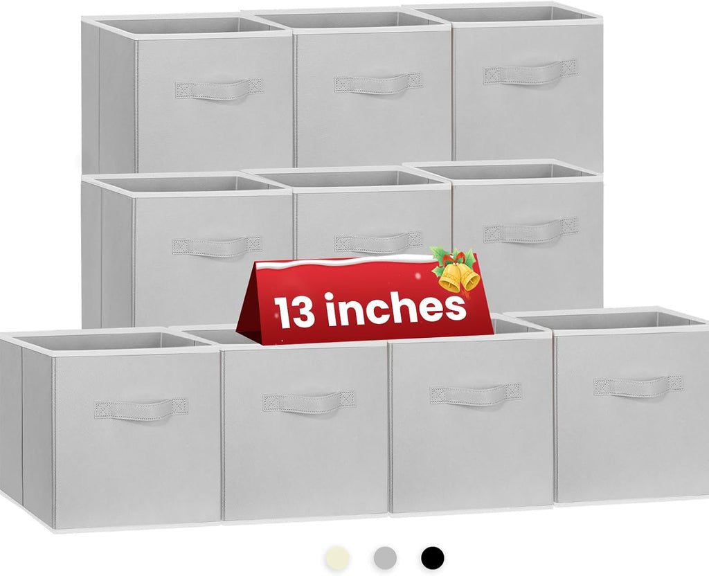 Cubos Organizadores de Tela Plegables Set x10 | 33cm con Asas para Closet, Repisa y Cuarto de Bebé, Gris
