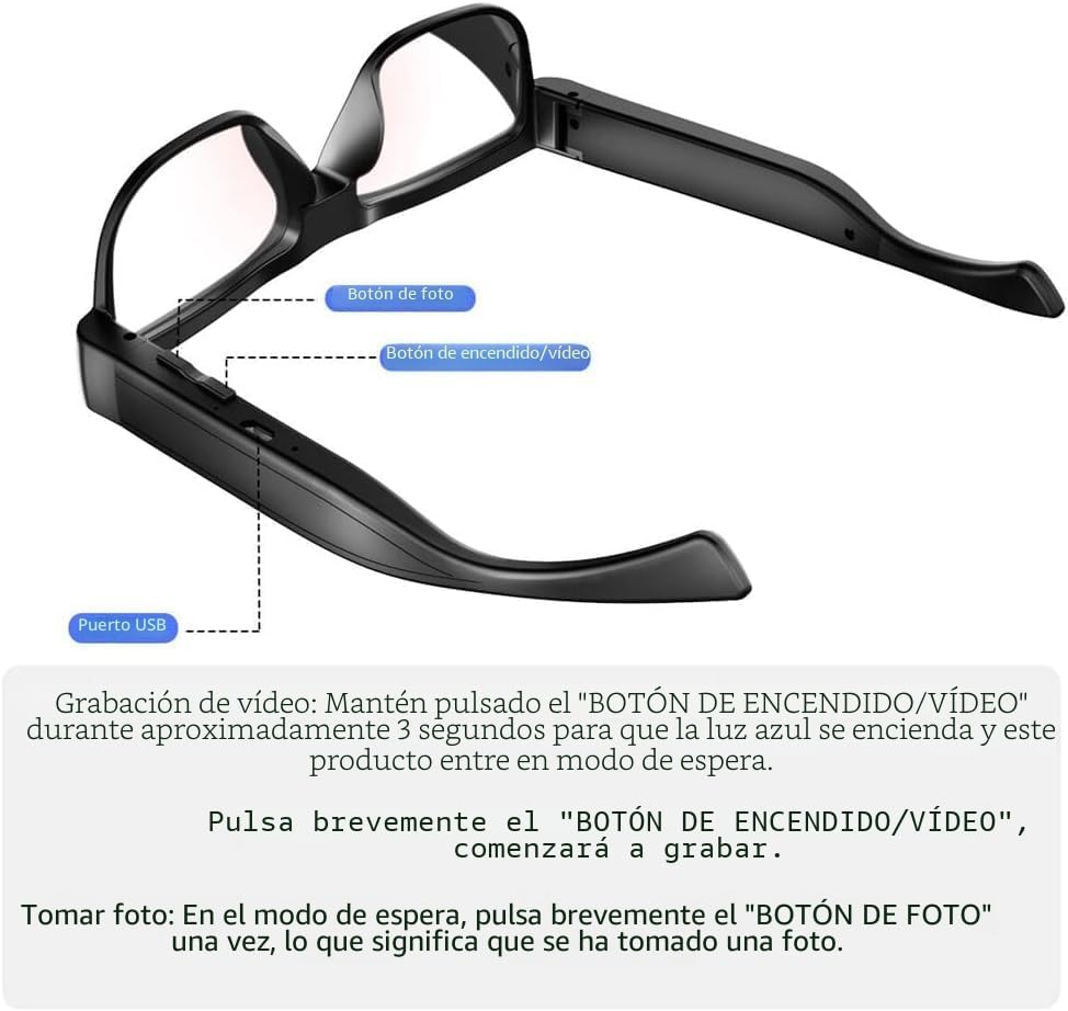 Gafas de Cámara Gafas de Video Gafas Inteligentes HD Gafas de Grabación para Deportes al Aire Libre con Cámara Gafas Portátiles con Tarjeta de Memoria de 32G Integrada Solo se Abren en Computadora
