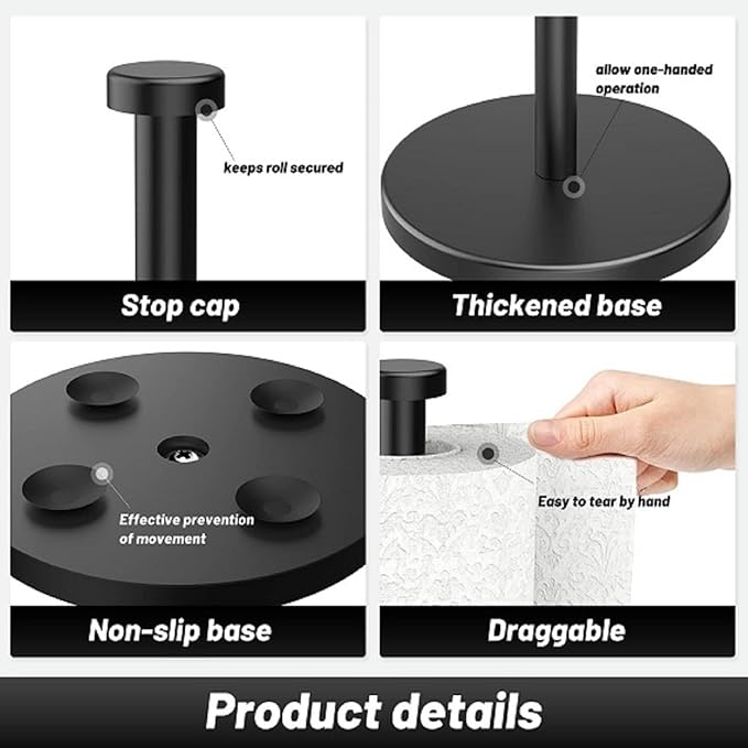VEHHE Soporte para toallas de papel negro para encimera, soporte para toallas de papel de acero inoxidable con base pesada y ventosas para cocina y baño