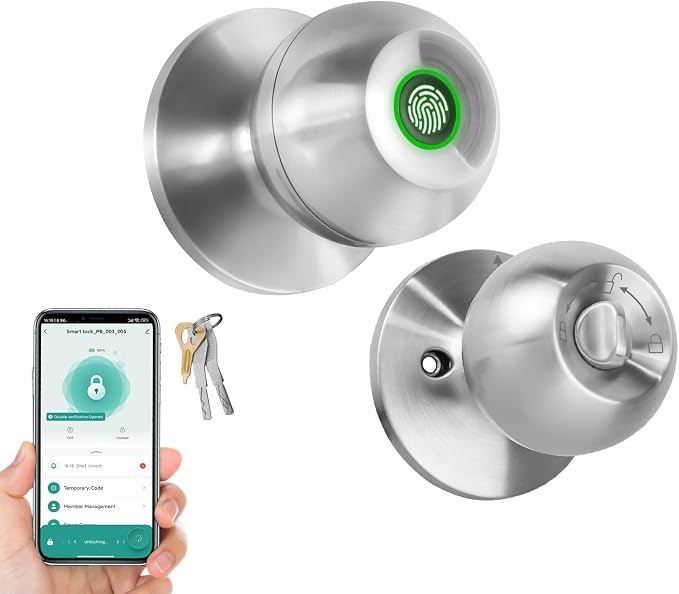 YFK Cerradura de puerta inteligente de huellas dactilares para dormitorio, perilla de puerta de entrada sin llave con asa, cerradura biométrica de puerta delantera con aplicación y llaves de respaldo para el hogar, apartamento, oficina, hotel (plateado)