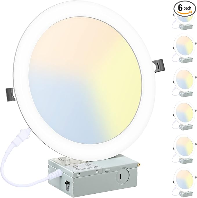 Pack de 6 Luces LED Empotrables de 8" Ultra Delgadas con Caja de Unión – 3000K/4500K/6000K Seleccionable, Regulables 5-100%, 1800LM