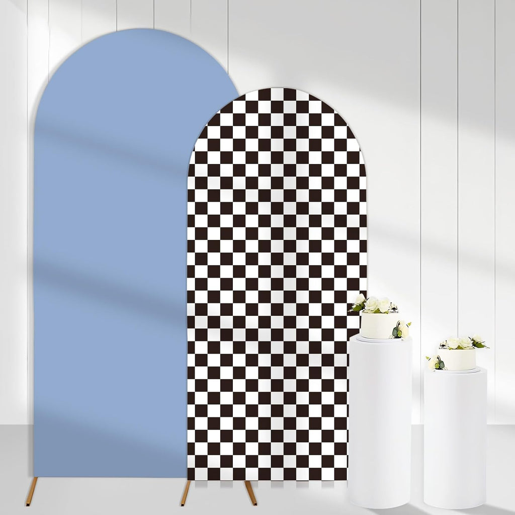 Juego de 2 cubiertas de fondo para arcos con temática de coches de carreras retro azules de Cheerupp, cubierta de fondo para arcos Chiara elásticos con parte superior redonda a cuadros para fiestas de cumpleaños y baby showers con temática deportiva Let's