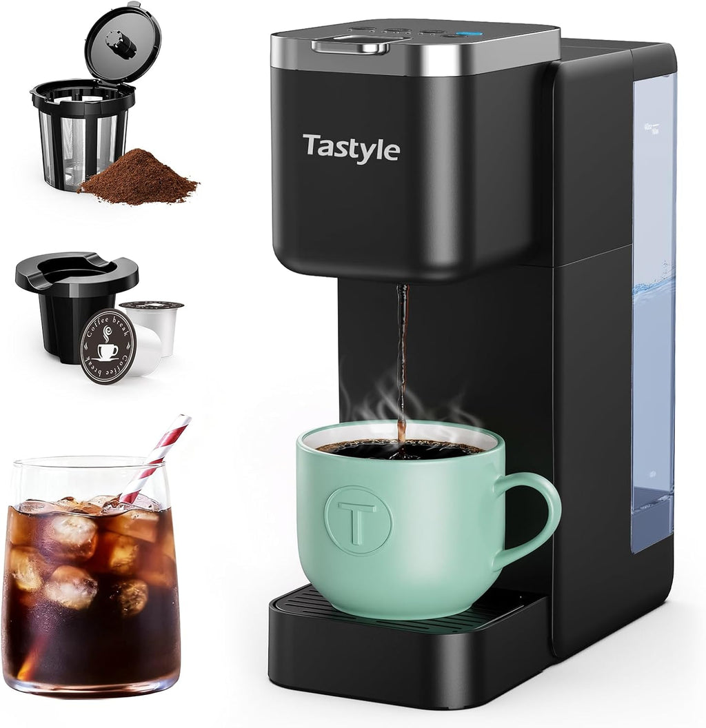 Cafetera Individual Tastyle | Máquina de Café Frío y Caliente para Cápsulas K-Cup y Molido | Diseño Compacto, Depósito de 40oz, Tamaños de 6 a 24oz | Cabe Vaso de Viaje 7.3 | Negro