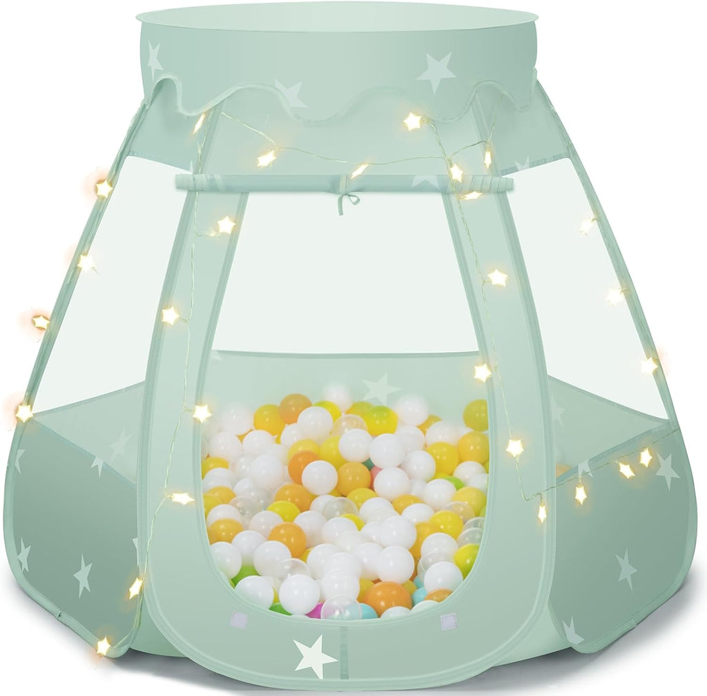 Piscina de pelotas para bebés pequeños: con luces de estrellas - Tienda de juegos de princesas desplegable para niños - Juguetes para niñas de interior y exterior - Regalos de cumpleaños - Sin pelotas (Tienda verde grisácea) 