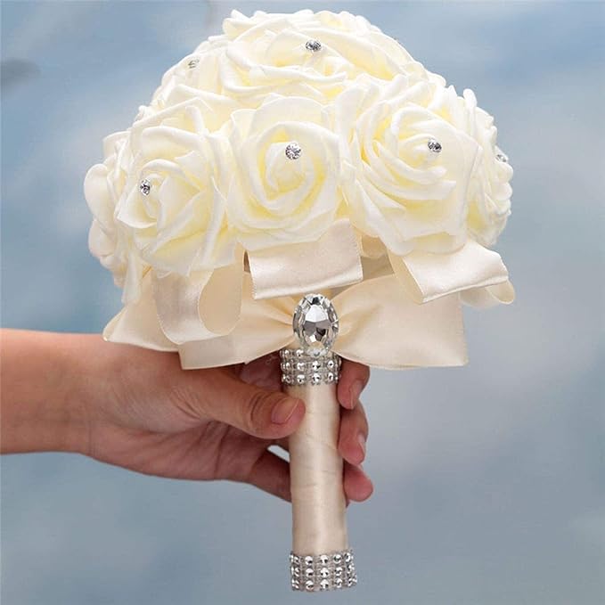 Ramo de Novia WIFELAI-A – Rosas Artificiales PE con Diamantes y Cintas Suaves, Color Marfil Crema, Para Boda, Damas de Honor e Iglesia (Diám. 21 cm x Alto 25 cm)