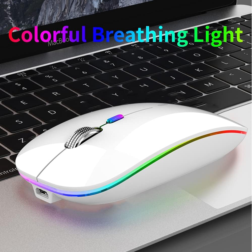 Uiosmuph Ratón inalámbrico LED, G12 Slim recargable silencioso ratón, 2.4G portátil USB óptico inalámbrico ratón de computadora con receptor USB y adaptador tipo C (blanco)