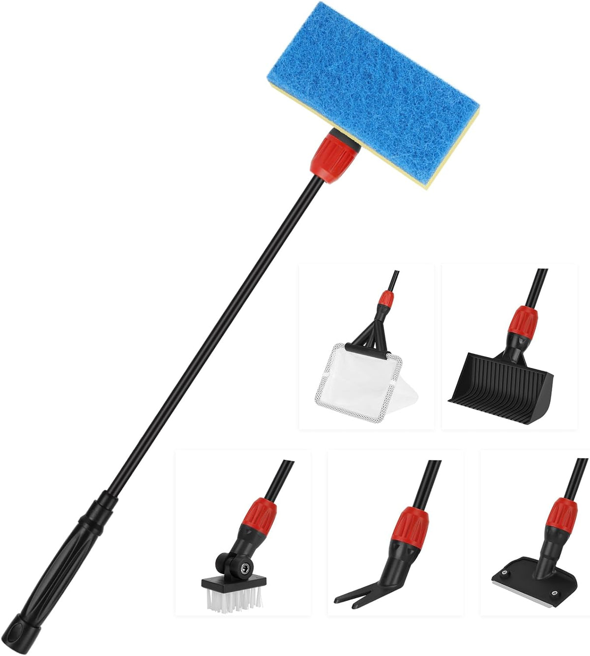 Hygger Kit de Limpieza para Acuario 6 en 1 con Mango Largo 45 cm – Raspador de Algas, Esponja, Cepillo, Red y Rastrillo para Acuarios de Vidrio y Acrílico