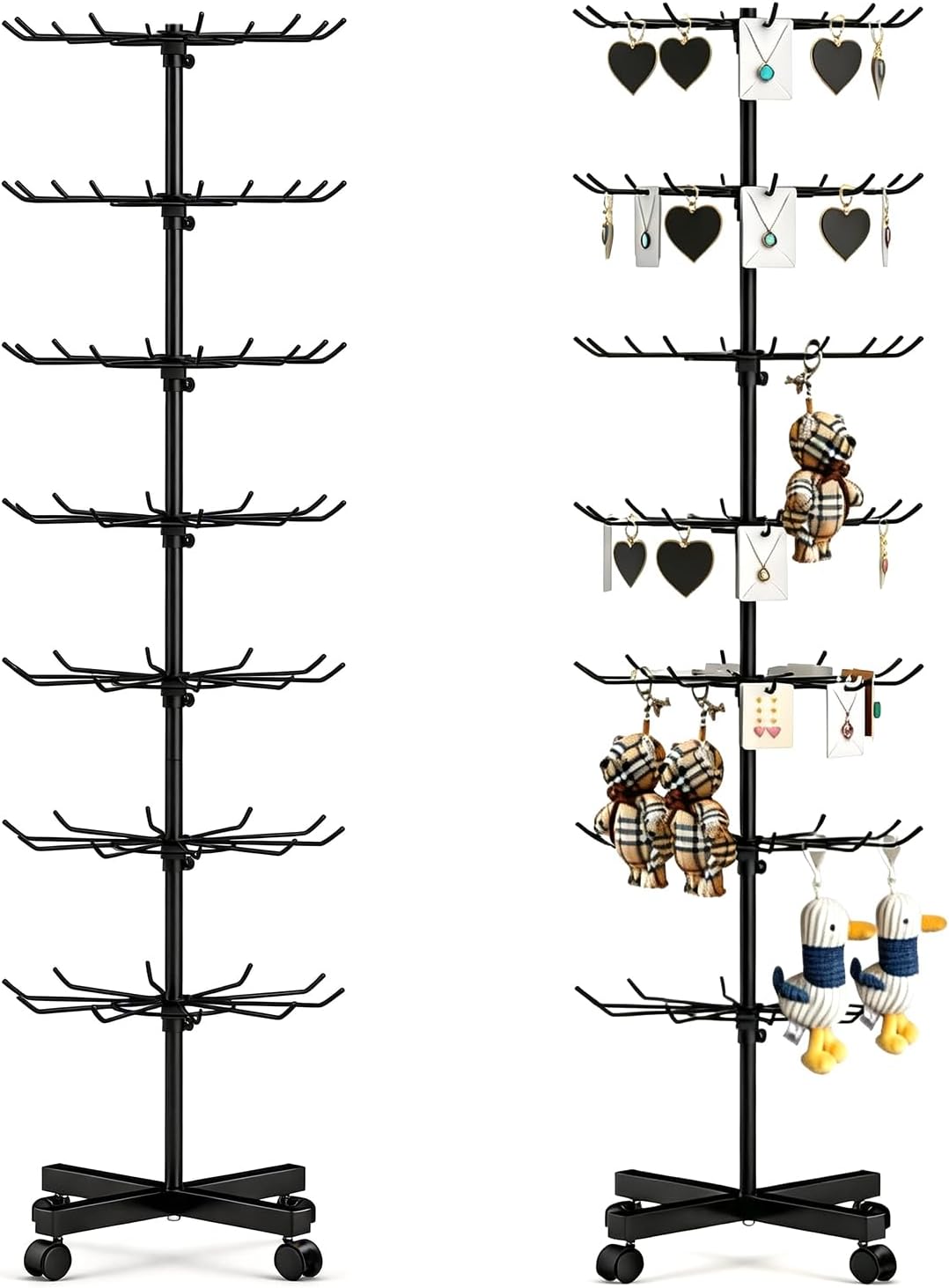 UNA SOLA UNIDAD-Estantería giratoria de alta resistencia Homelio de 7 niveles con ruedas, soporte giratorio de metal para tiendas minoristas, estantes ajustables para llaveros y joyería para ferias de artesanía y salas de exposición.