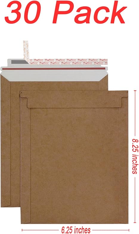 Bonfasvo Paquete de 30 sobres rígidos de 6.25 x 8.25 pulgadas, color marrón, autosellados, planos, cartón kraft sin doblar, para despegar y sellar para documentos, fotos, papeles, archivos CD