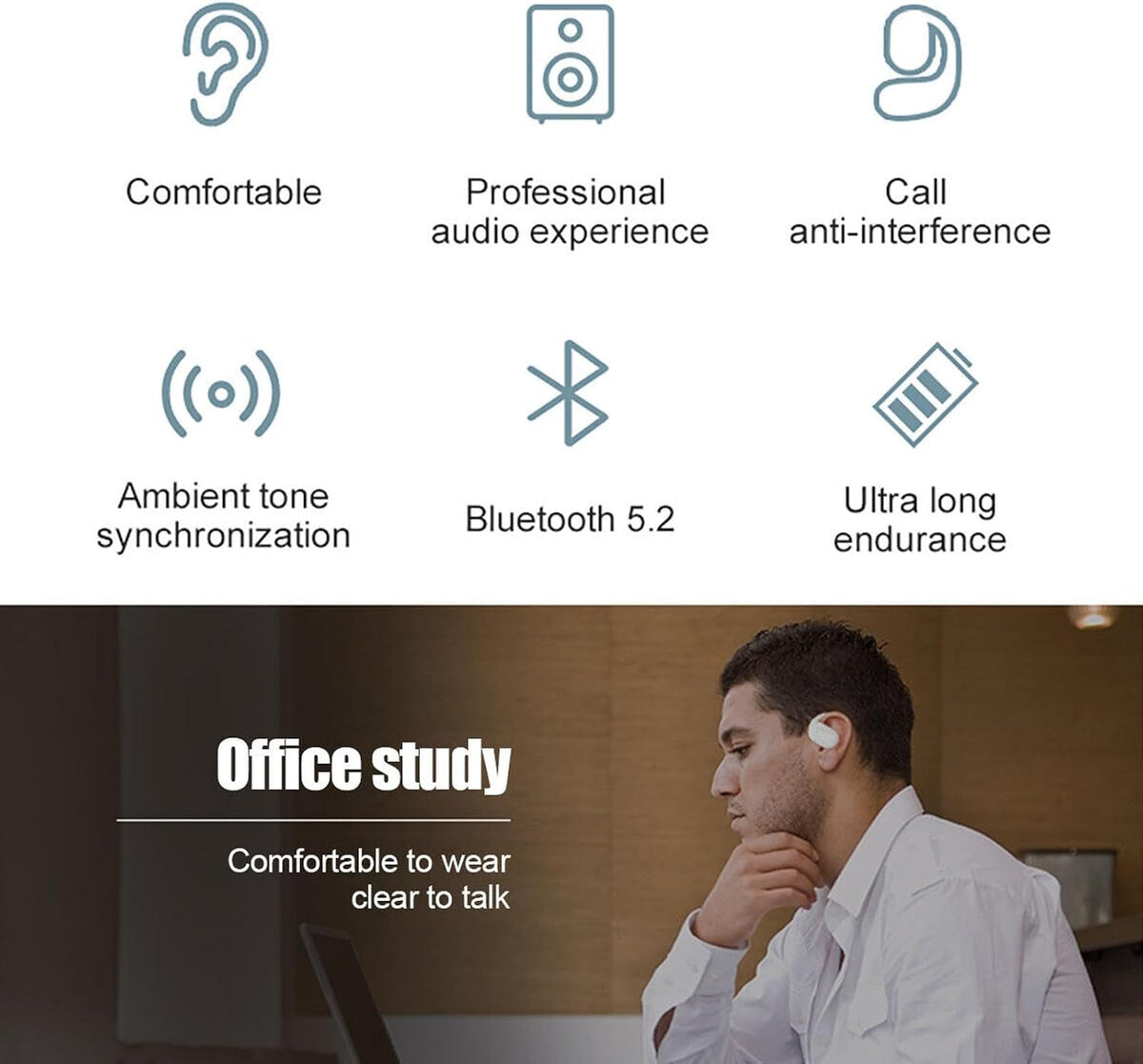 Auricular Bluetooth V5.2 inalámbrico manos libres, auricular individual, diseño sin tapones para los oídos, ideal para deportes, correr y entrenar.