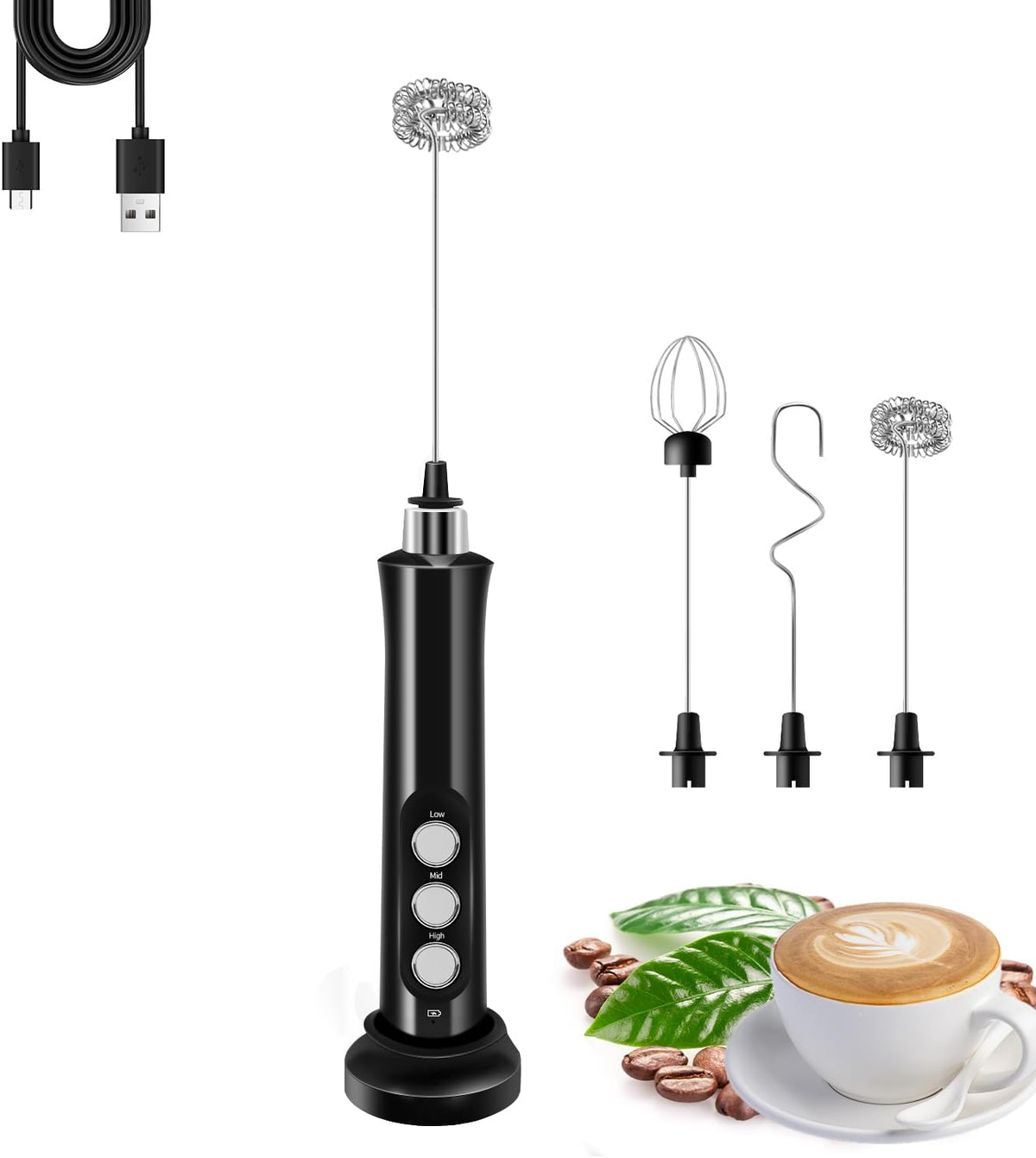 Batidor de Leche Recargable de Mano con 3 Batidores de Acero Inoxidable | Espumador Eléctrico de 3 Velocidades para Café con Base de Carga y Almacenamiento
