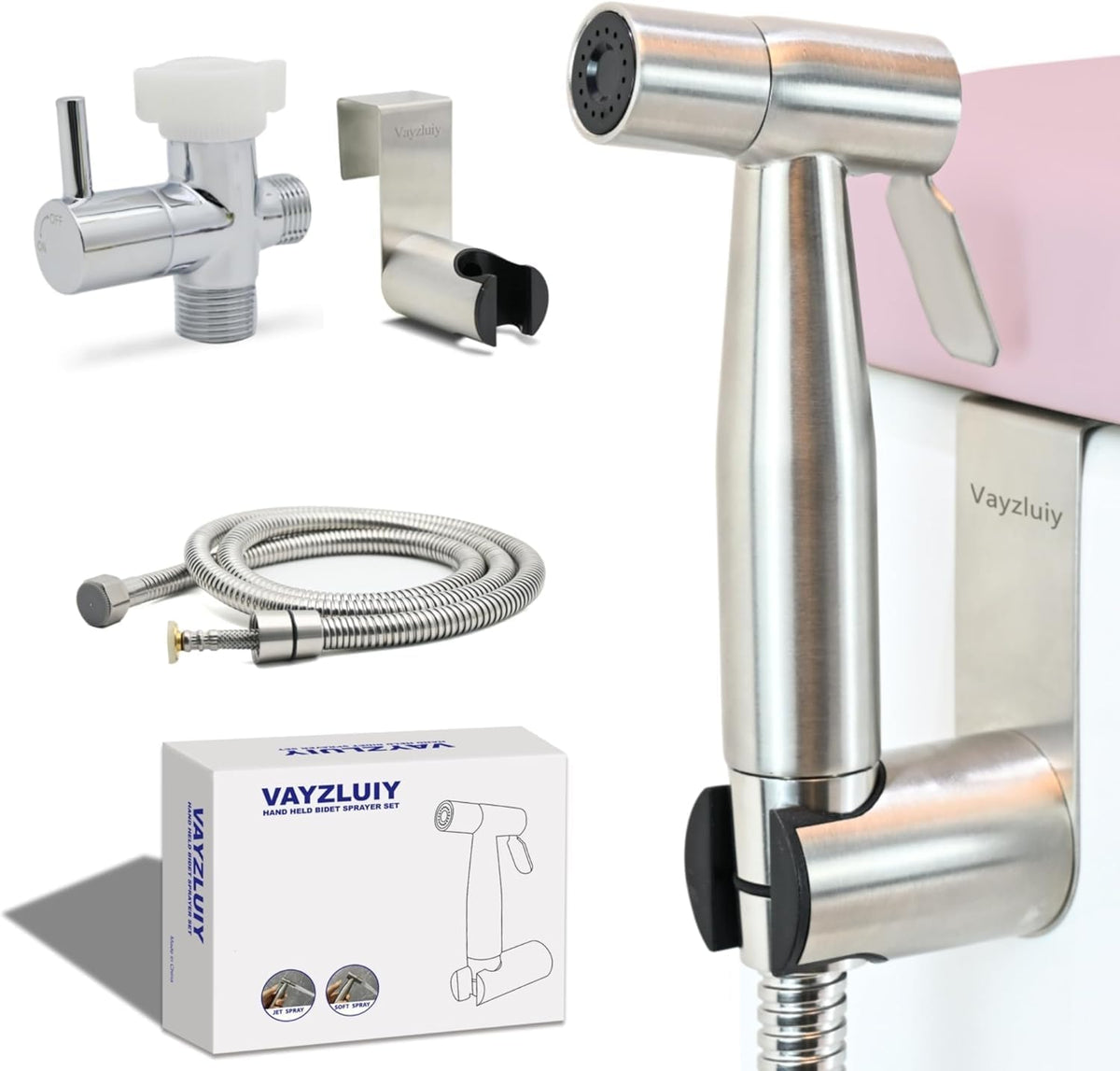 USADO-Bidet de Mano Vayzluiy para Inodoro | Presion de Agua Ajustable con Manguera | Higiene Femenina y Panales de Tela para Bebe | Acero Inoxidable Niquel Cepillado